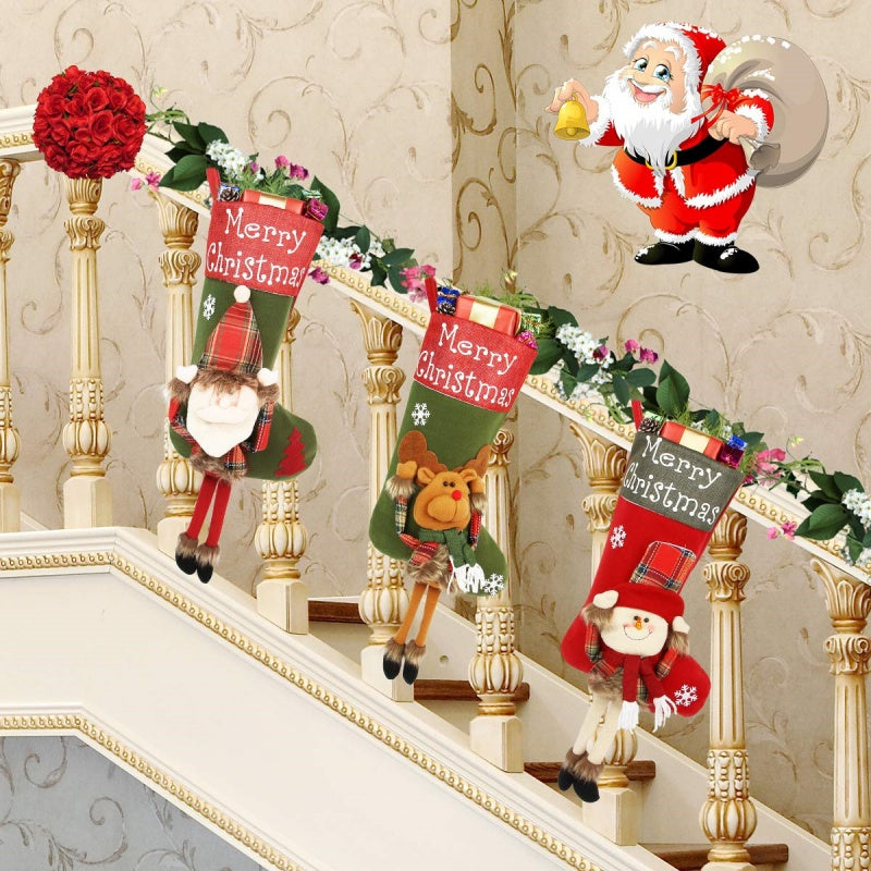 Large Christmas Stockings – 18" Santa, Snowman & Reindeer Hanging Decorations (Set of 3)