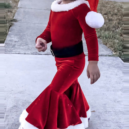 Girls Christmas Velvet Long-Sleeve Dress – Santa Outfit (Ages 3–8)