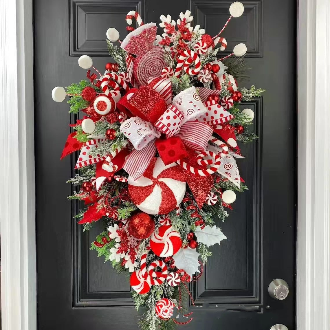Upside Down Candy Cane Christmas Wreath – Red & White Hanging Door Garland | Holiday Porch Decoration