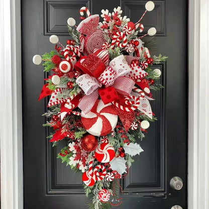 Upside Down Candy Cane Christmas Wreath – Red & White Hanging Door Garland | Holiday Porch Decoration