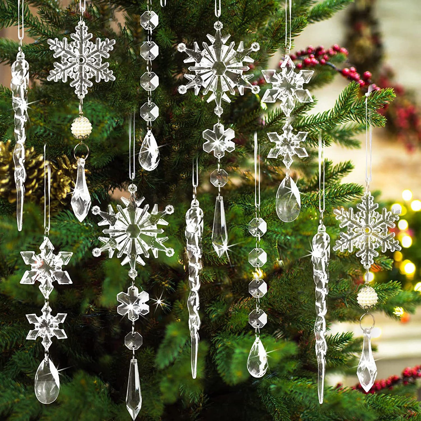 Christmas Acrylic Icicle Ornaments – 10 Pack Hanging Tree Decorations | Clear Snowflake & Ice Drops