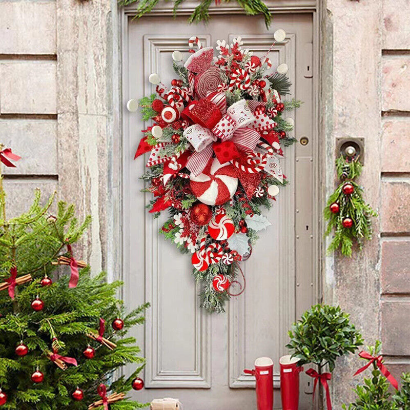 Upside Down Candy Cane Christmas Wreath – Red & White Hanging Door Garland | Holiday Porch Decoration