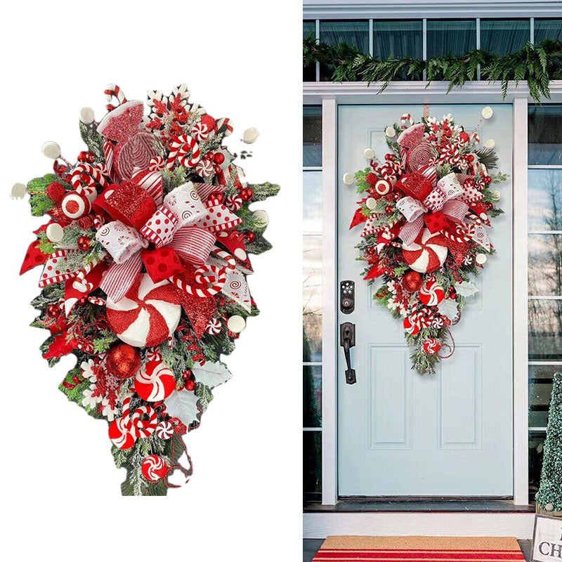 Upside Down Candy Cane Christmas Wreath – Red & White Hanging Door Garland | Holiday Porch Decoration