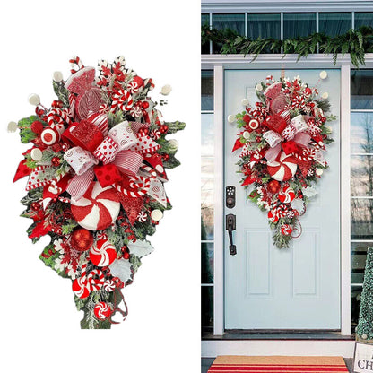 Upside Down Candy Cane Christmas Wreath – Red & White Hanging Door Garland | Holiday Porch Decoration