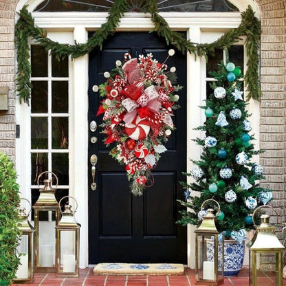 Upside Down Candy Cane Christmas Wreath – Red & White Hanging Door Garland | Holiday Porch Decoration