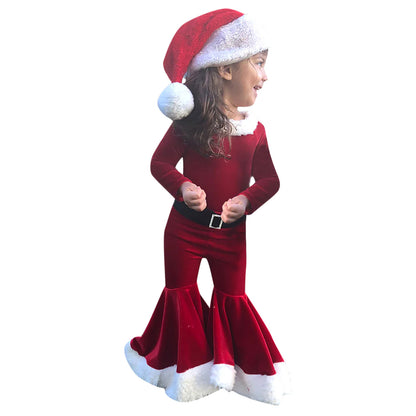 Girls Christmas Velvet Long-Sleeve Dress – Santa Outfit (Ages 3–8)