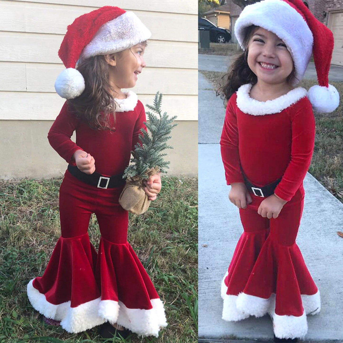 Girls Christmas Velvet Long-Sleeve Dress – Santa Outfit (Ages 3–8)