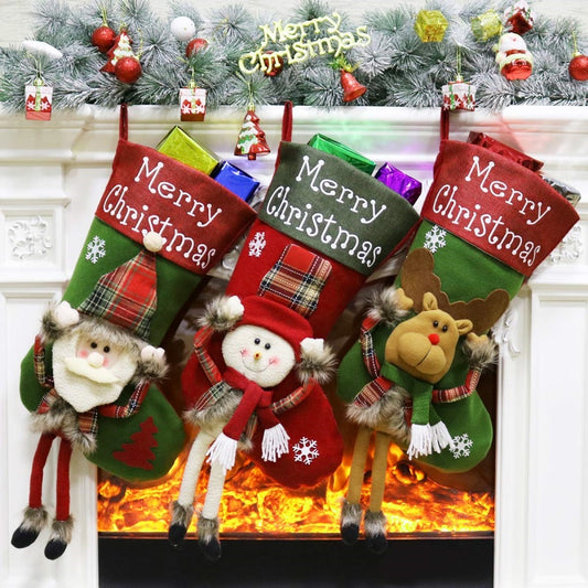 Large Christmas Stockings – 18" Santa, Snowman & Reindeer Hanging Decorations (Set of 3)
