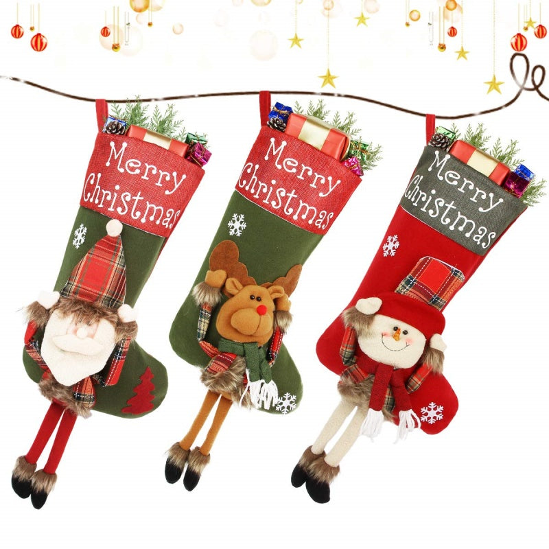 Large Christmas Stockings – 18" Santa, Snowman & Reindeer Hanging Decorations (Set of 3)