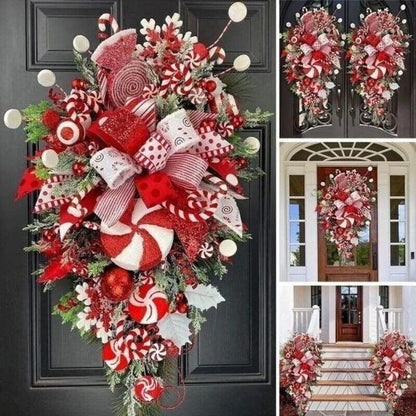 Upside Down Candy Cane Christmas Wreath – Red & White Hanging Door Garland | Holiday Porch Decoration