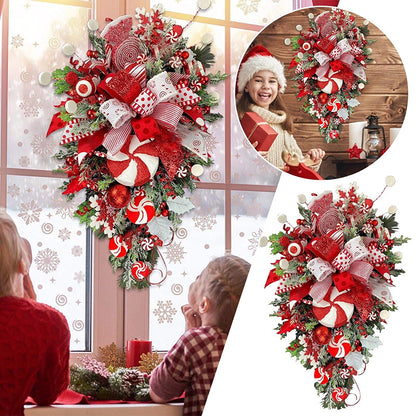 Upside Down Candy Cane Christmas Wreath – Red & White Hanging Door Garland | Holiday Porch Decoration